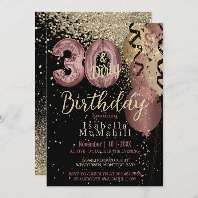 Black and Rose Gold Glitter 30th & Dirty Birthday Invitation (Front/Back)