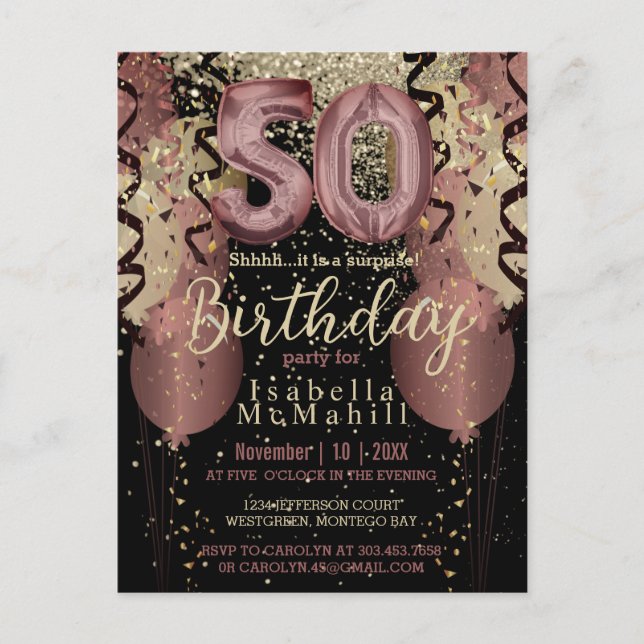 Black and Rose Gold Glitter 50th Birthday Postcard (Front)