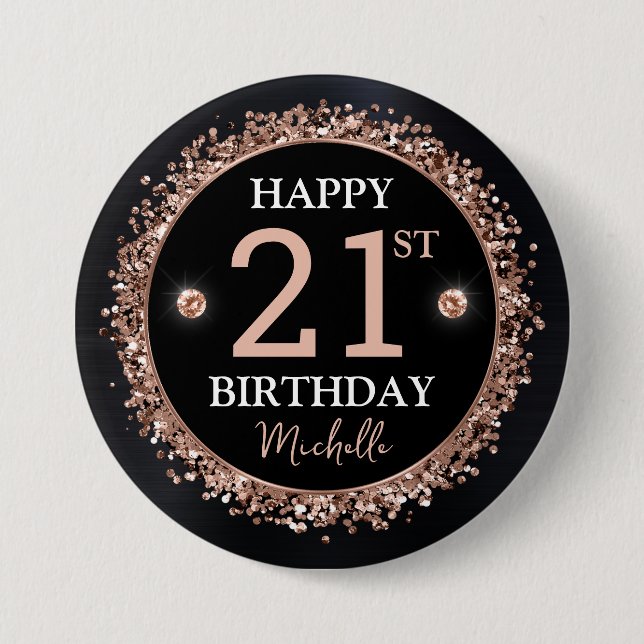 Black and Rose Gold Glitter Confetti Birthday 3 Inch Round Button (Front)