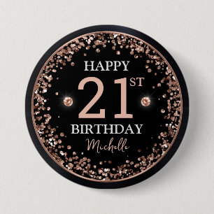 Black and Rose Gold Glitter Confetti Birthday 3 Inch Round Button