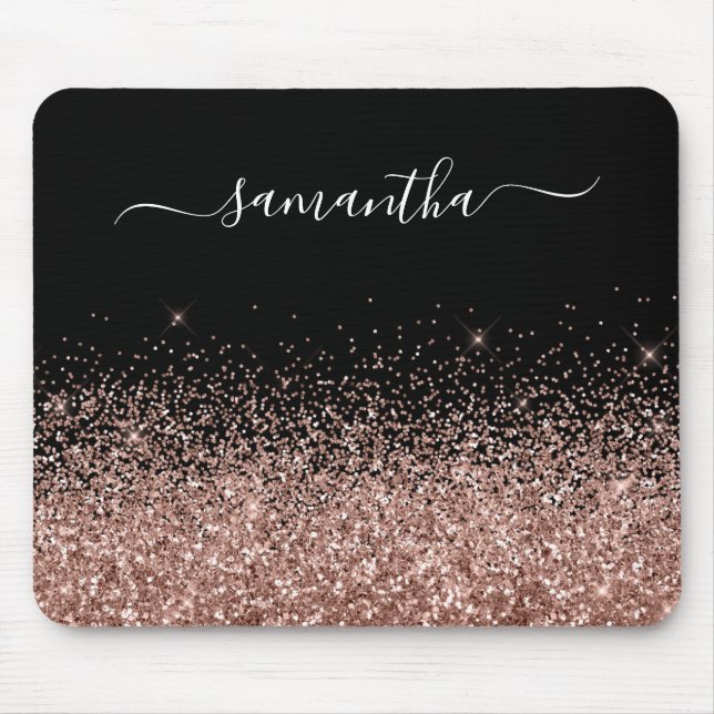 Black and Rose Gold Glitter Elegant Name Mouse Pad (Front)