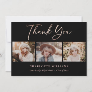 Black and Rose Gold Graduation Photo Collage Thank You Card