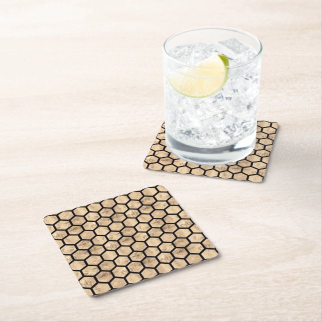 Black and rose gold honeycomb graphic pattern square paper coaster (Insitu)