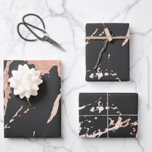Black and Rose Gold Marble Look Wrapping Paper Sheet
