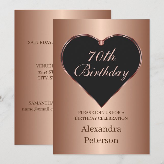 Black And Rose Gold Minimalist Heart Birthday Invitation (Front/Back)