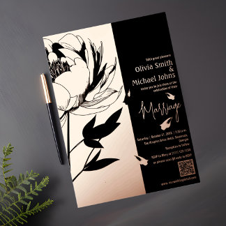 Black and Rose Gold Peony Code QR Invitation