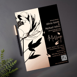 Black and Rose Gold Peony Code QR Invitation