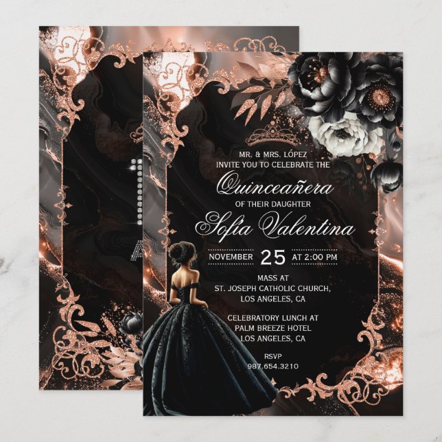Black and Rose Gold Quinceañera Invitation (Front/Back)