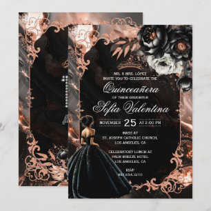Black and Rose Gold Quinceañera Invitation