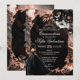 Black and Rose Gold Quinceañera Invitation