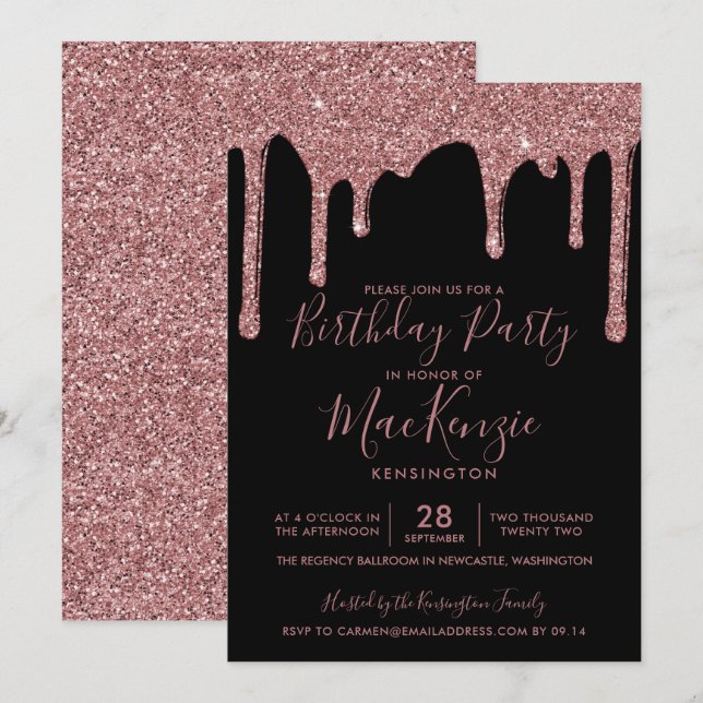 Black and Rose Gold Sparkle Glitter Drips Birthday Invitation (Front/Back)
