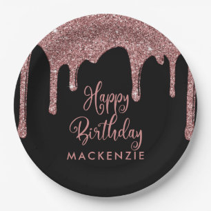 Black and Rose Gold Sparkle Glitter Drips Birthday Paper Plate