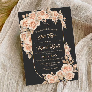 Black and Roses Gold Floral Modern Boho Wedding Invitation