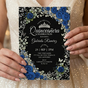 Black and Royal Blue Quinceañera Silver Butterfly Invitation
