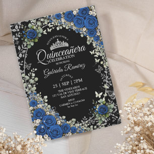 Black and Royal Blue Quinceañera Silver Butterfly Invitation