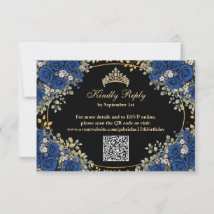 Black and Royal Blue Roses Golden Quinceañera  RSVP Card