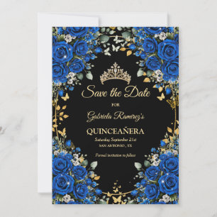 Black and Royal Blue Roses Golden Quinceañera Save The Date