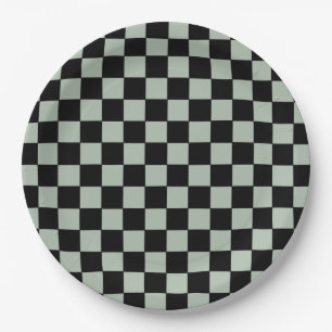Black and Sage Green  Checkered Paper Plate