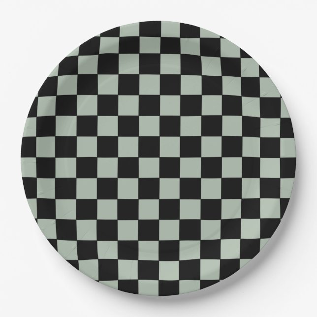Black and Sage Green  Checkered Paper Plate (Front)