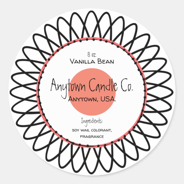 Black and Salmon Spiro Flower Candle Jar Label (Front)