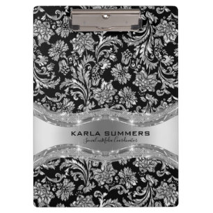 Black and shiny silver damask pattern clipboard