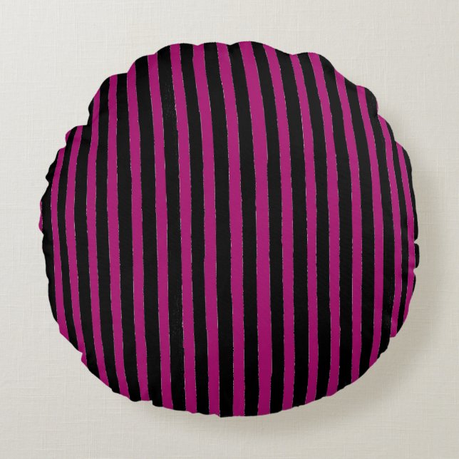 Black and Shocking Pink Stripes Pattern Round Pillow (Front)