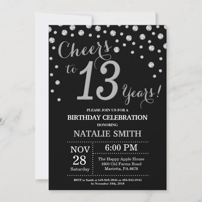 Black and Silver 13th Birthday Diamond Invitation (Devant)