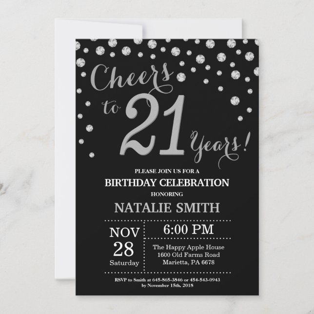 Black and Silver 21st Birthday Diamond Invitation (Front)