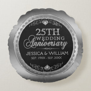 Black And Silver 25th Wedding Anniversary Round Pillow