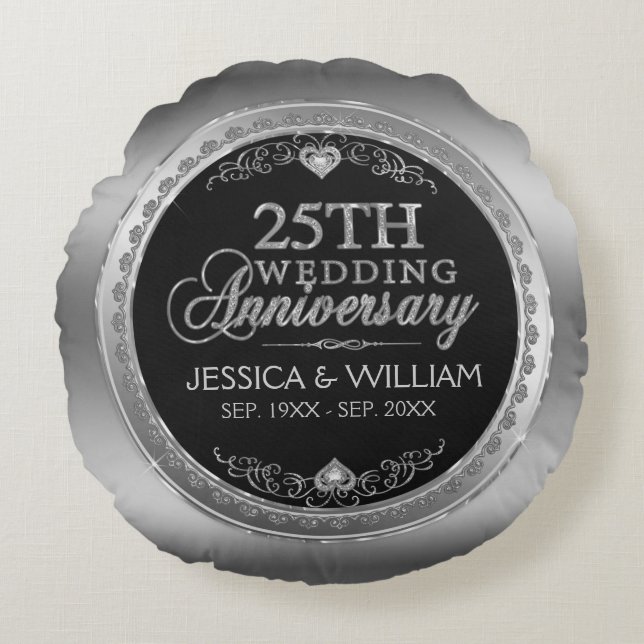 Black And Silver 25th Wedding Anniversary Round Pillow (Front)