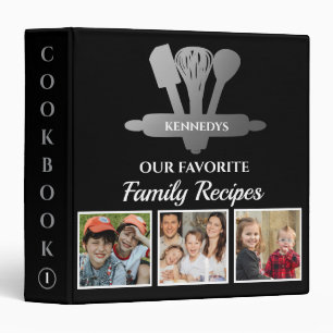 Black And Silver 3 Photo Family Recipe Cookbook Binder