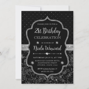 Black and Silver Art Deco Glitter 21st Birthday Invitation