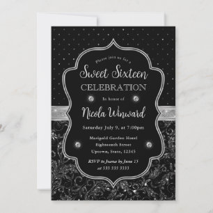 Black and Silver Art Deco Glitter Sweet Sixteen Invitation