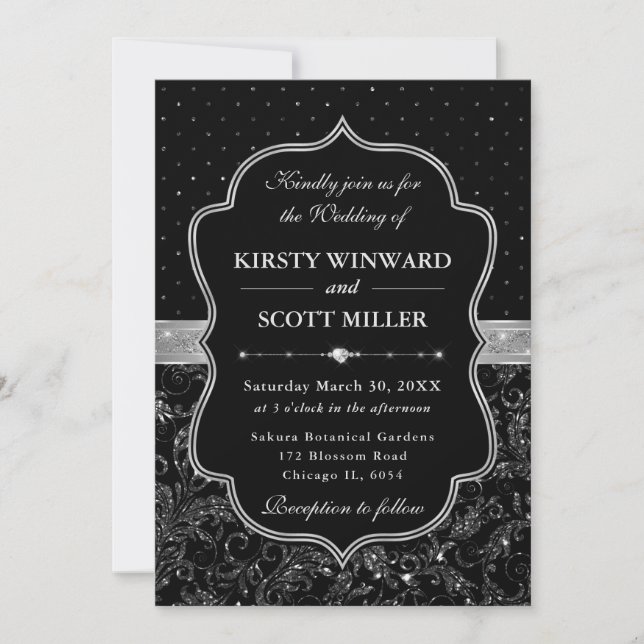 Black and Silver Art Deco Glitter Wedding Invitation (Front)