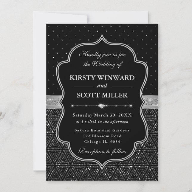Black and Silver Art Deco Glitter Wedding Invitation (Front)