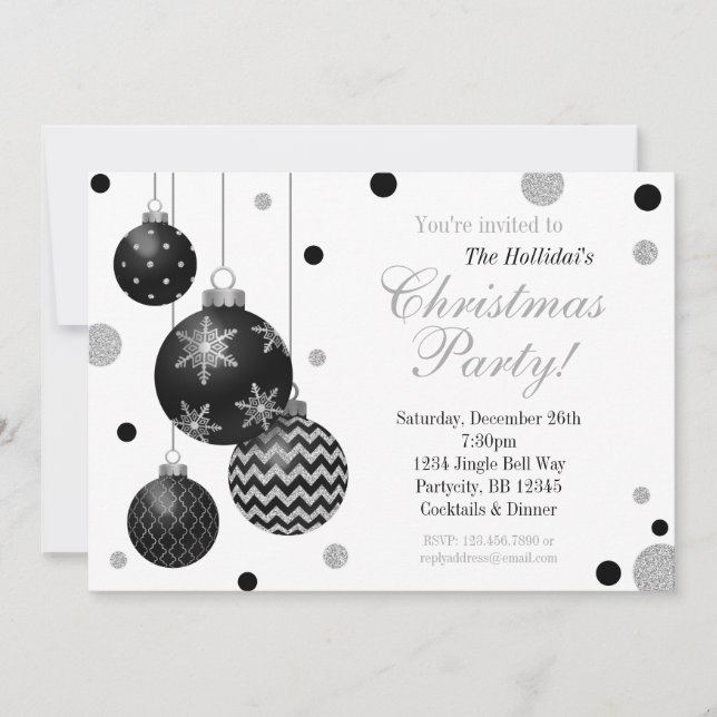 Black and Silver Bauble Christmas Party Invitation (Front)