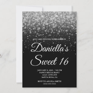 Black and Silver Bokeh Confetti Sweet 16 Invitation