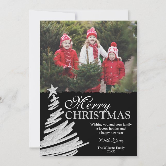 Black and Silver Christmas Tree Holiday Photo Card (Front)