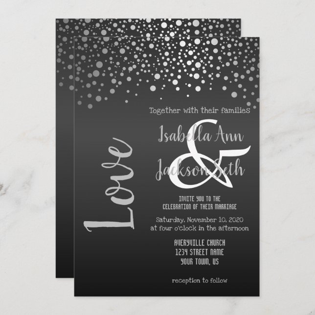 Black and Silver Confetti Dots Invitation (Front/Back)