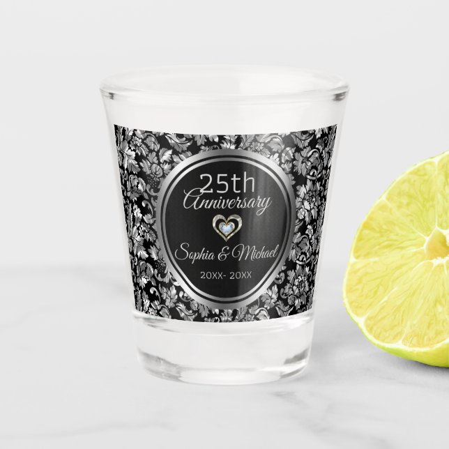 Black And Silver Damask 25th Anniversary Shot Glass (Front)