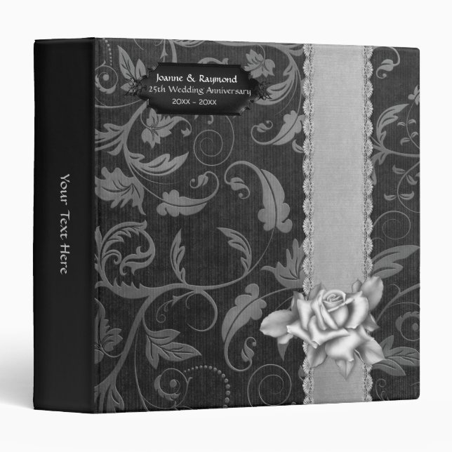 Black and Silver Damask 25th Wedding Anniversary Binder (Front/Spine)