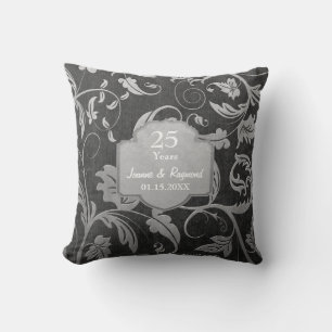 Black and Silver Damask 25th Wedding Anniversary Throw Pillow