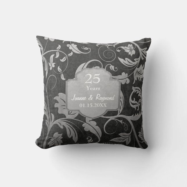 Black and Silver Damask 25th Wedding Anniversary Throw Pillow (Front)