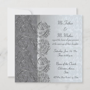 Black and silver damask frame wedding invitations
