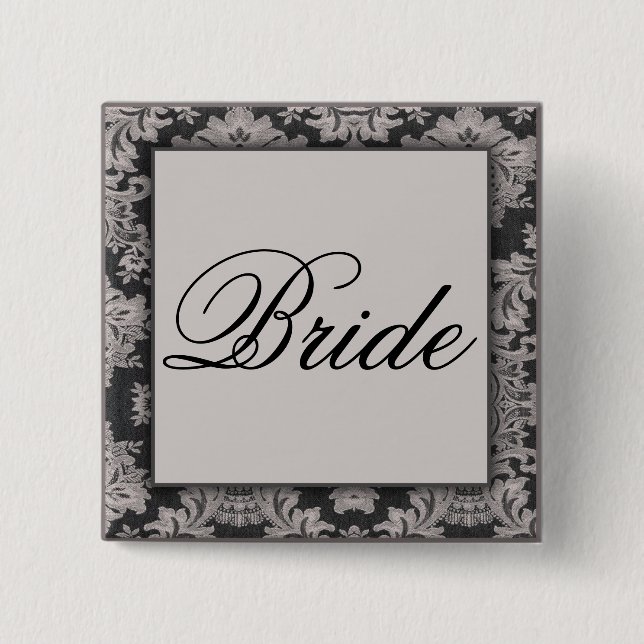 Black and silver damask pattern 2 inch square button (Front)