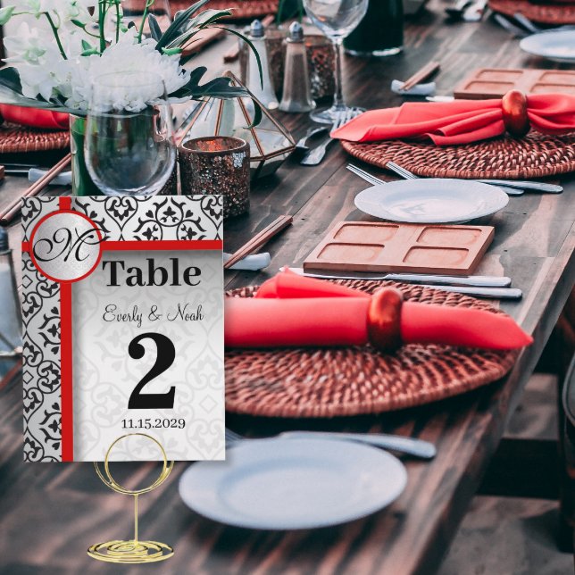 Black and Silver Damask Red Trim Table Number Postcard (Creator Uploaded)