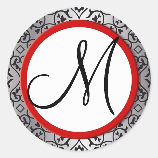 Black and Silver Damask Red Trim Wedding Seal (Front)