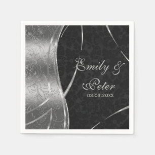 Black And Silver Damask-Save The Date Napkin