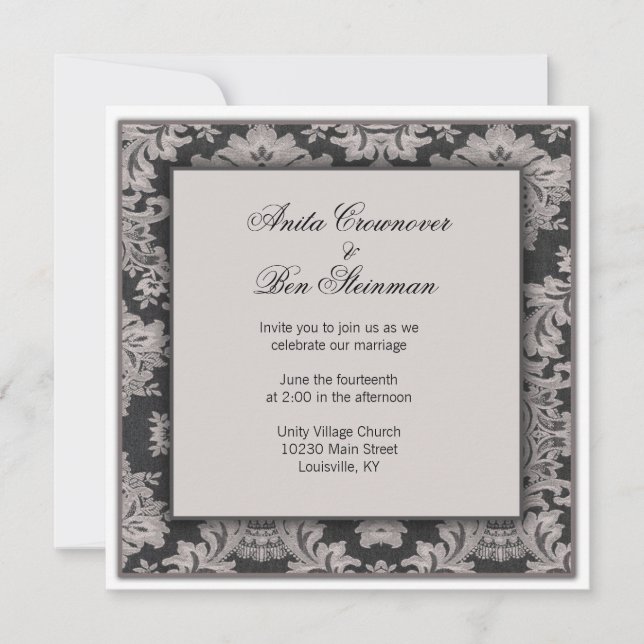 Black and silver damask Wedding Floral Invitation (Front)