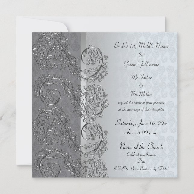 Black and silver damask wedding invitations (Front)